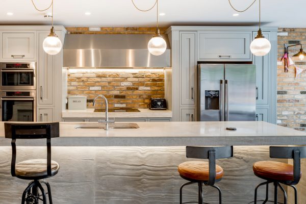 Board-formed concrete worktop with kitchen sink cut out