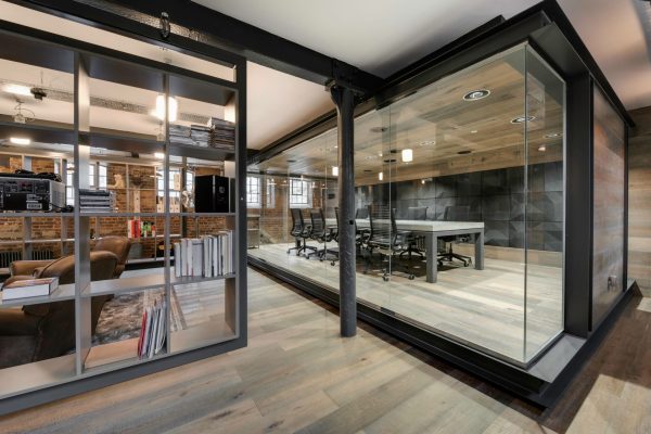 Bespoke concrete conference desk in industrial style office interior